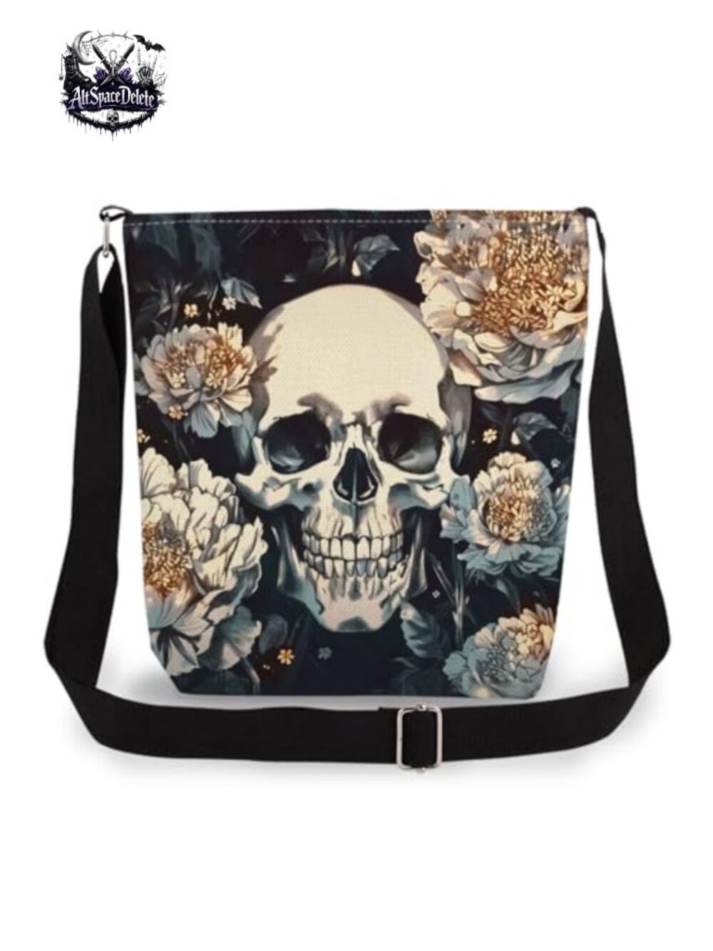 Floral Skull Double-Sided Print Crossbody Messenger Bag Adjustable Strap